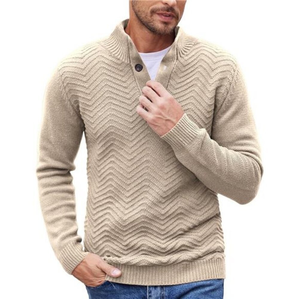 Soft Cable Knit Sweater for Men Quarter Button Mock Neck